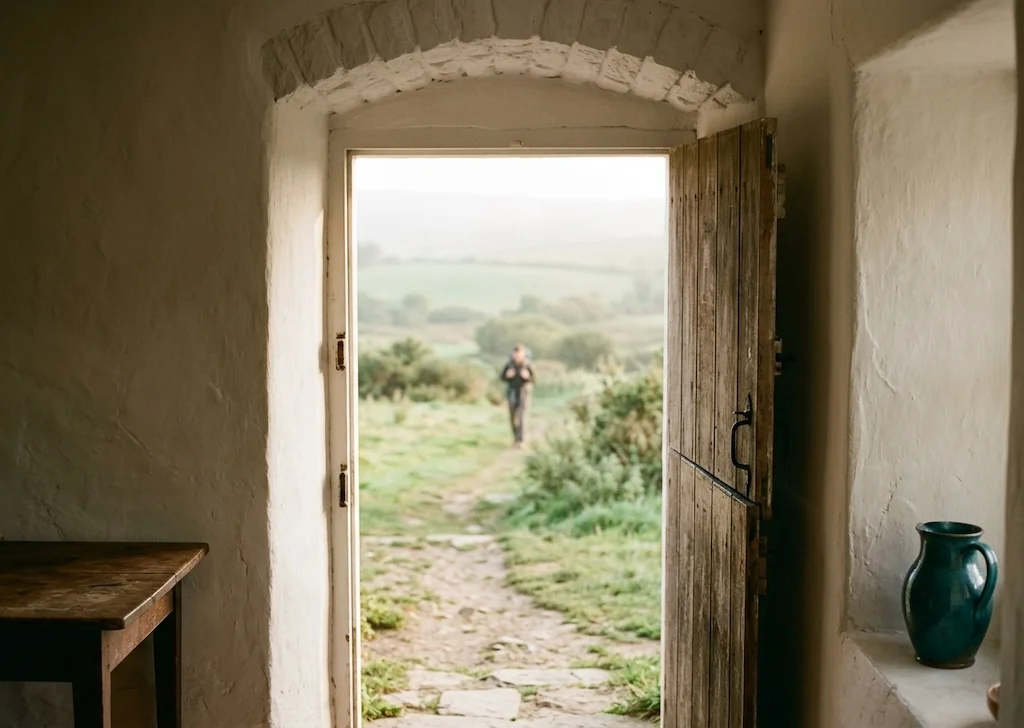 Looking out through the doorway onto open country